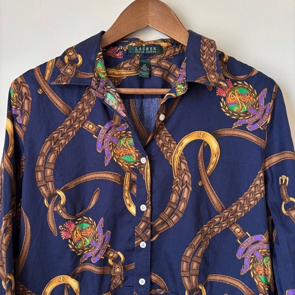 Lauren Ralph Lauren Equestrian Peplum Shirt 14 Button Front Blue - Picture 3 of 9